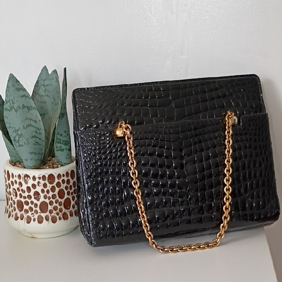 Gucci Handbags - Vintage Gucci Black Crocodile-Embossed Bag with Gold Chain Flawed